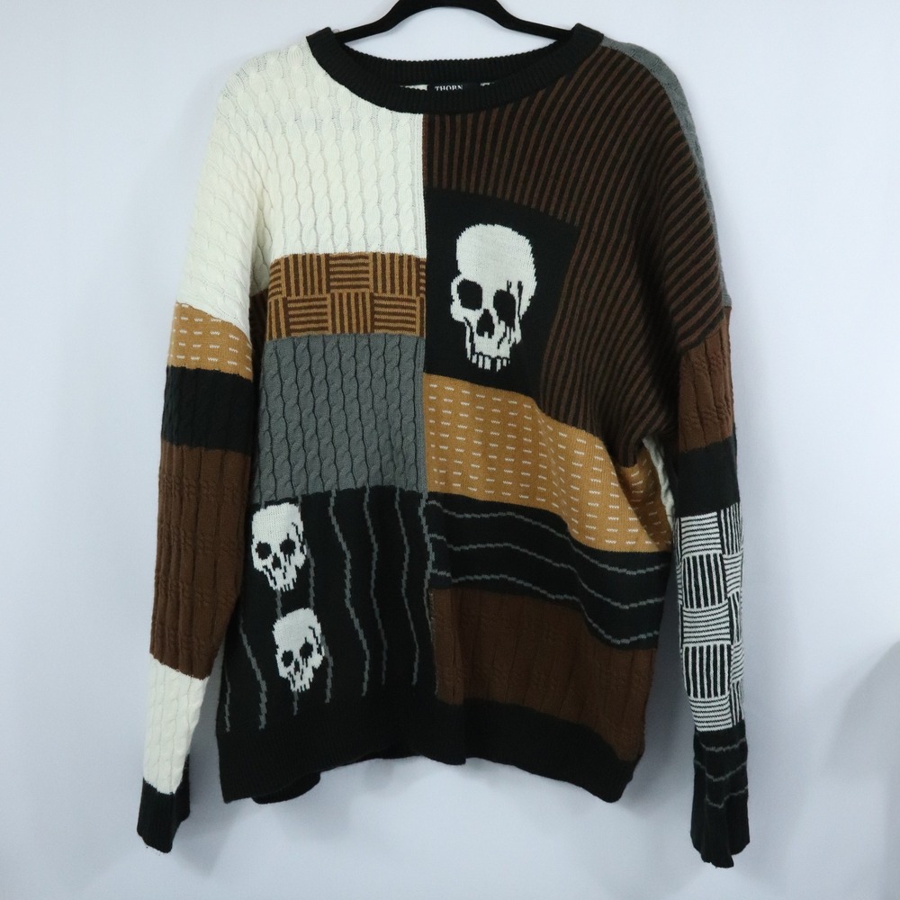Thorn & Fable Brown Skull Patchwork Sweater Medium Hot Topic Goth Halloween